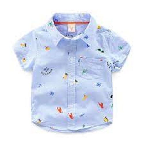 Children Casual Wear Half Sleeves Classic Collar Printed Sky Blue Cotton Shirt