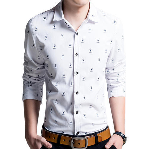 Excellent Quality Casual Wear Full Sleeves Mens White Cotton Printed Shirt