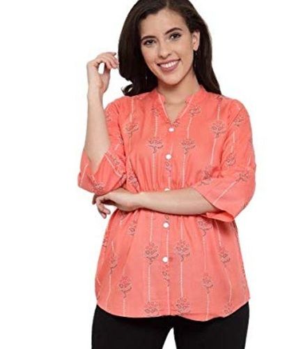 Ladies Summer Wear 3/4 Sleeves Comfortable Fashionable Peach Printed Tops