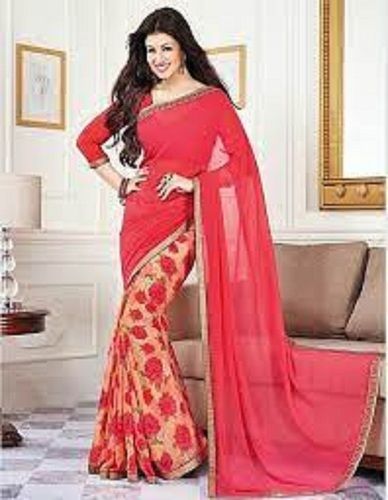 Women Casual Wear Elegant Look Breathable Floral Design Chiffon Red Saree With Unstitched Blouse