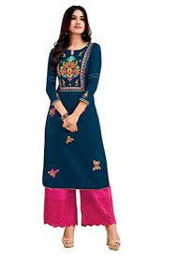 Washable Casual Wear Trendy & Fancy Blue Embroidered Cotton Kurti