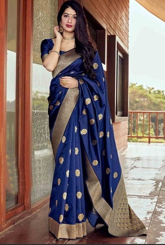 Art Silk Women Elegant Look Party Wear Lightweight Stunning Golden Printed Blue  Saree at Best Price in Bhubaneswar