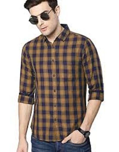 Breathable Men Lightweight Casual Wear Full Sleeves Straight Collar Checkered Blue Shirt