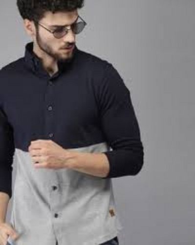 Men Lightweight Casual Wear Full Sleeves Straight Collar Plain Blue And Gray Shirt