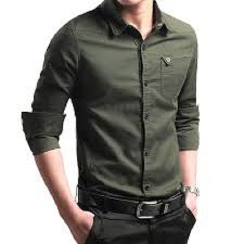 Washable Men Lightweight Casual Wear Full Sleeves Straight Collar Plain Green Shirt