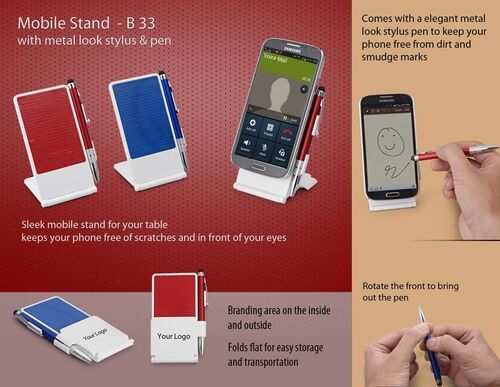 B33 a   Mobile Stand With Metal Look Stylus and Pen