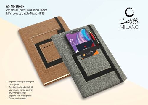 Rectangular B92 A   A5 Notebook With Mobile Pocket, Card Holder Pocket And Pen Loop By Castillo Milano