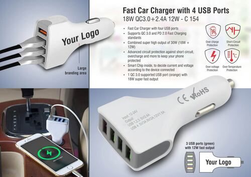 C154 a   Fast Car Charger With 4 USB Ports (18W QC3.0+2.4A 12W)