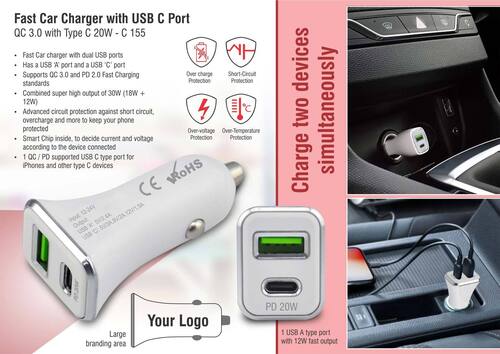C155 a   Fast Car Charger With USB C Port (QC 3.0 WithType C 20W)