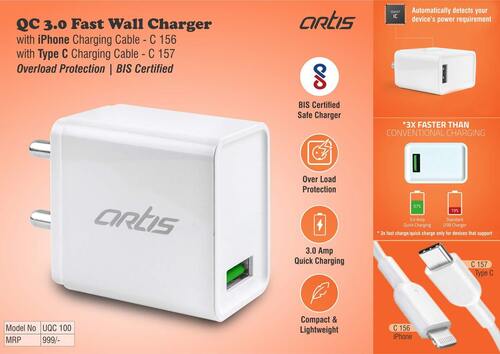 C157 Artis Qc 3.0 Fast Wall Charger With Type C Charging Cable - Body Material: Plastic