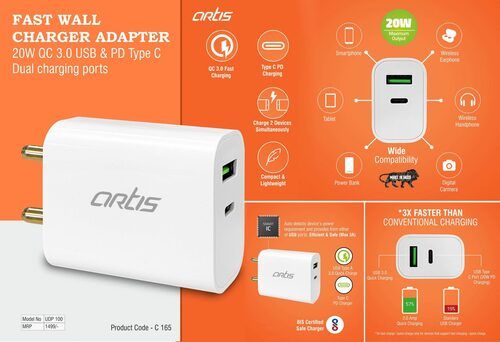 C165 - Artis 20W QC 3.0 USB & PD Type C Fast Wall Charger Adapter