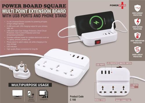 White C166 A   Power Board Square: Multi Point Extension Board With Usb Ports And Phone Stand