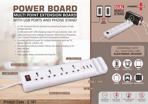 C167 a   Power Board: Multi Point Extension Board With USB Ports And Phone Stand