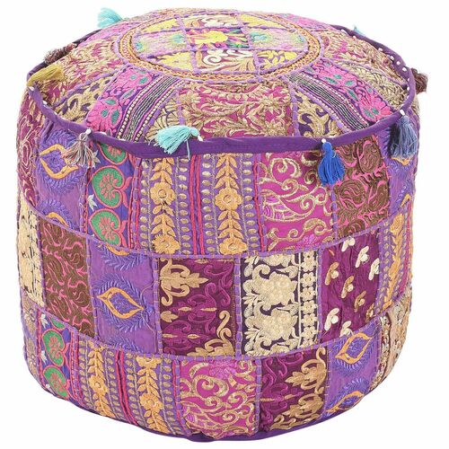 Multi  As Per Buyer Requirement Indian Handmade Cotton Fabric Embroidered Patchwork Home Decor Round Ottoman Pouf Cover