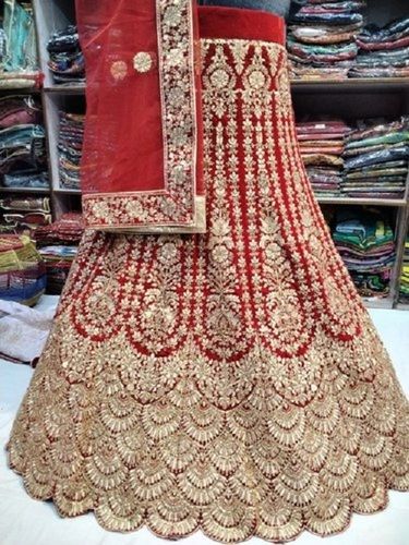 Ladies Comfortable And Stylish Embroidered Bridal Red Lehenga Decoration Material: Beads