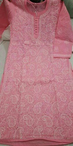 Washable Pink And White Color U Neck 3/4Th Sleeves Thread Work Pattern Cotton Ladies Kurti