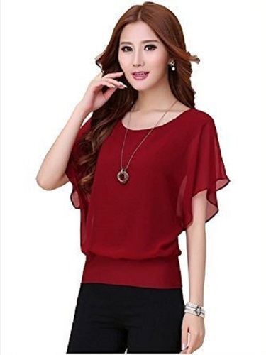 Maroon Casual Wear Short Sleeve Round Neck Plain Chiffon Fancy Tops For Ladies