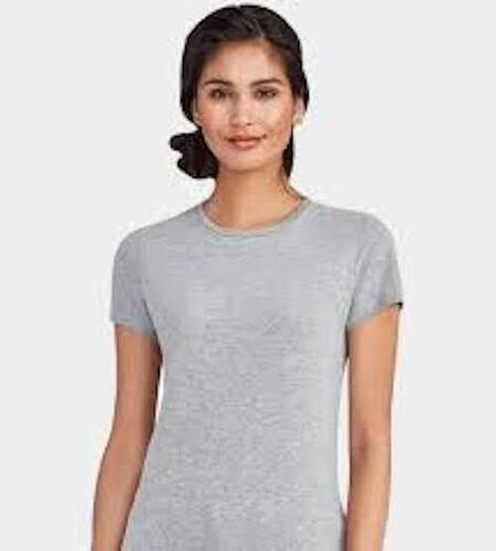 Regular Fit Light Grey Round Neck T Shirts For Ladies