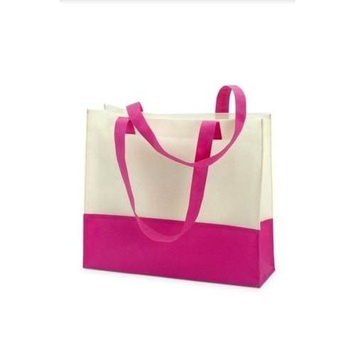 सिल्क प्रिंटिंग गुलाबी और सफेद आयताकार 5 किलो लोड क्षमता वाला लूप हैंडल नॉन वोवन कैरी बैग