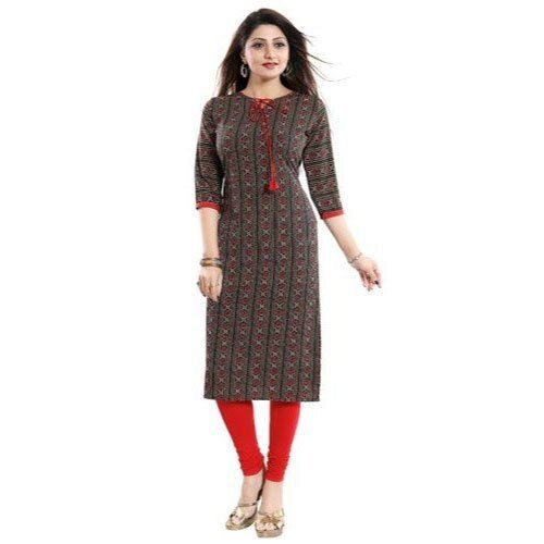 Multi Round Neck 3/4Th Sleeves Printed Pattern Pure Cotton Kurti For Ladies