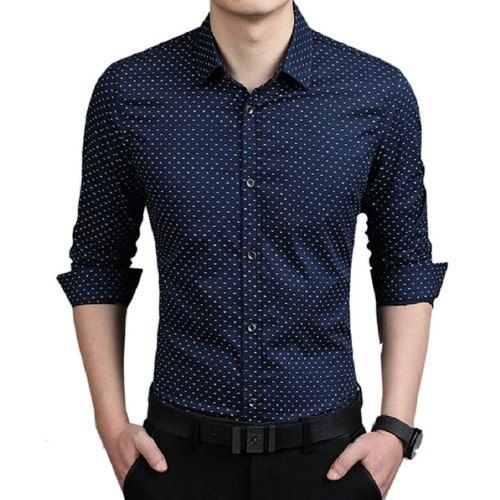 No Fade White Dotted Printed Blue Collar Neck And Full Sleeve Hand Stylish Look Cotton Shirt For Mens