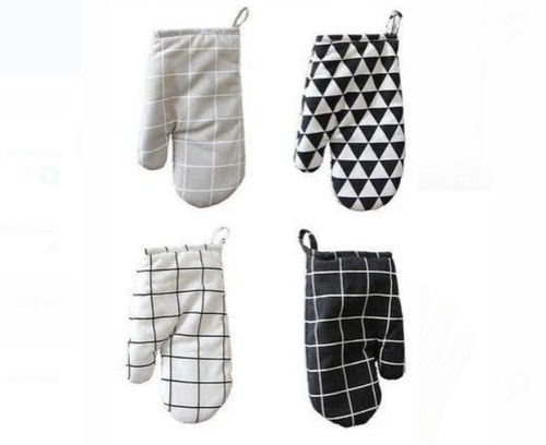 White Cotton Material Full Finger Printed Pattern Kitchen Oven Safety Hand Gloves 