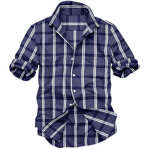 Full Sleeve Checked Blue With White Casual Wear Cotton Shirt For Men