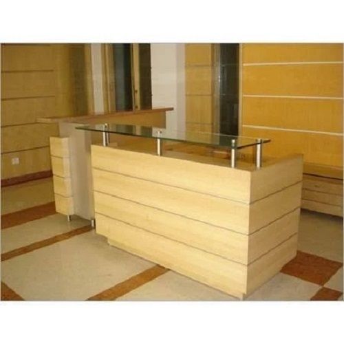  Yellow Wooden Furnished With Glass L Shape Reception Office Desk 