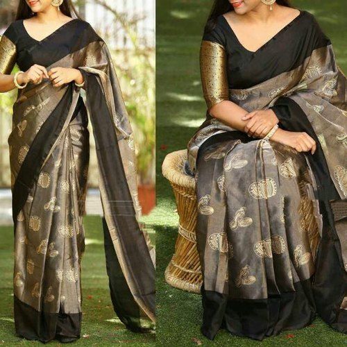 South 100% Pure Soft Cotton Stylish Look Printed Black Fancy Saree For Ladies