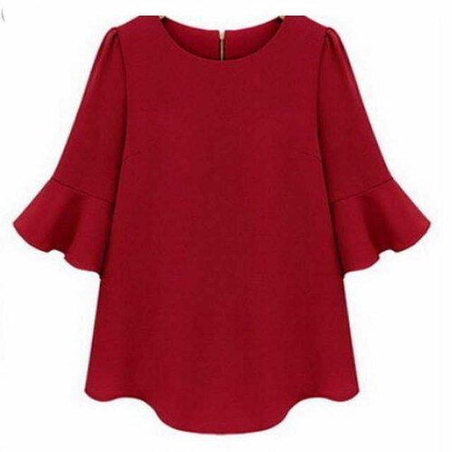 Full Sleeve Round Shape Cotton Plain Red Fancy Tops For Women