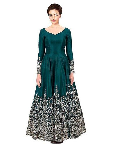 Full Sleeves Cotton Silk Fabric Beaded Pattern Embroidered Green Anarkali Salwar Suit Decoration Material: Laces