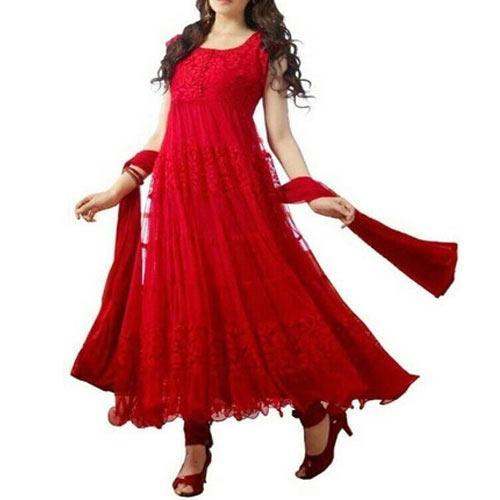 Ladies Sleeveless Embroidered Anarkali Suit Color Red Decoration Material: Cloths