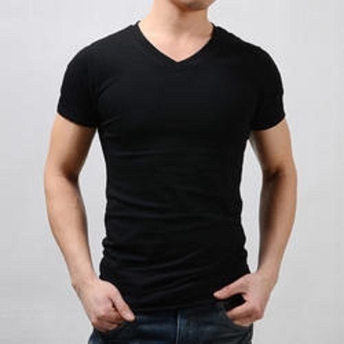 Breathable Skin Friendly And Wrinkle Free Stylish Plain V Neck Black Half Sleeve T Shirt For Mens