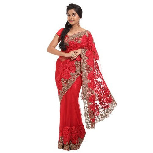 Red Embroidered Pattern Party Wear Pure Cotton Silk Sarees