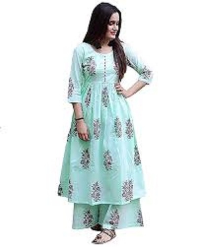 Printed Breathable Light Weight Sea Green Color Plazo Set