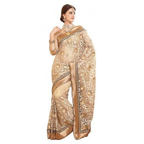 Ladies Lightweight Embrodried Plain Party Wear Light Brown Net Sarees