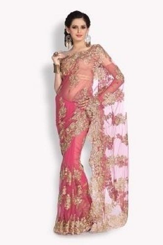 Net Fabric Other Indian Style Patch Work Embroidered Pattern Party Wear Light Pink Saree