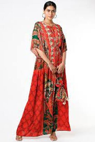 Red Casual Wear Short Sleeve Round Neck Loose Fitting Printed Cotton Long Kaftans For Ladies