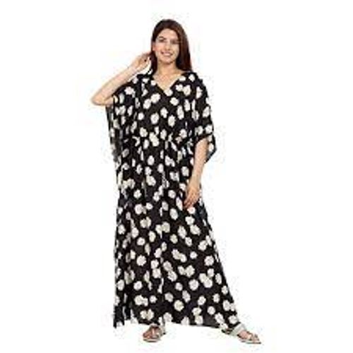 Cotton Maxi Kaftan - Short Sleeve, Black and White Digital Print | Breathable, Lightweight, Adjustable Waist for Perfect Fit