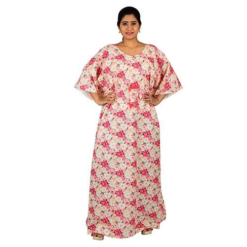 Pink Short Sleeve Round Neck Loose Fitting Casual Wear Printed Cotton Long Kaftans For Ladies