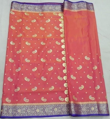 Orange Traditional Elegant Beautiful And Breathable Wedding Banarasi Satin Silk Saree