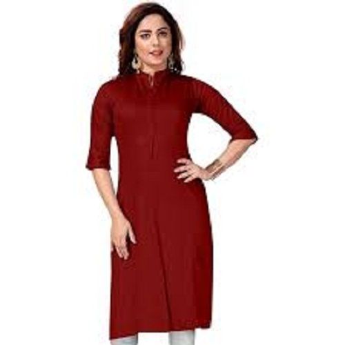 Women 3/4 Sleeves Casual Wear Comfortable Breathable Plain Cotton Maroon Kurti Decoration Material: Beads