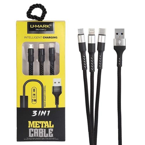 3 In 1 Metal Pack And 2.4 Amp U Mark Intelligent Charging Data Cable - Rubber Jacket, 2 Meter Length, Black Color | Smart Device Detection, USB-C & Lightning Connectors, Multi-Function