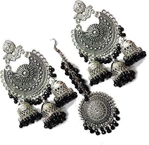 Black Designer And Antique Light Weight 1 Pair Of Earring Silver And Maang Tikka Set