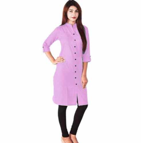 Plain Pink Straight Cotton Button Full Sleeve Ladies Kurti