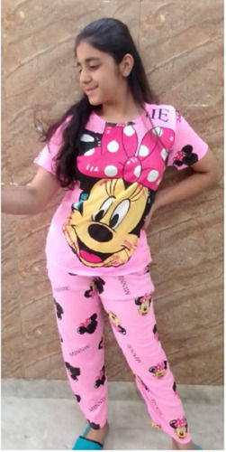 Cotton Cartoon Printed Body Fit And Comfortable To Wear With Short Sleeves Pink Girls Nightwear Set