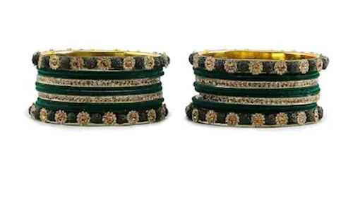 Ladies Skin Friendly Elegant Look Green And Golden Fancy Bangle