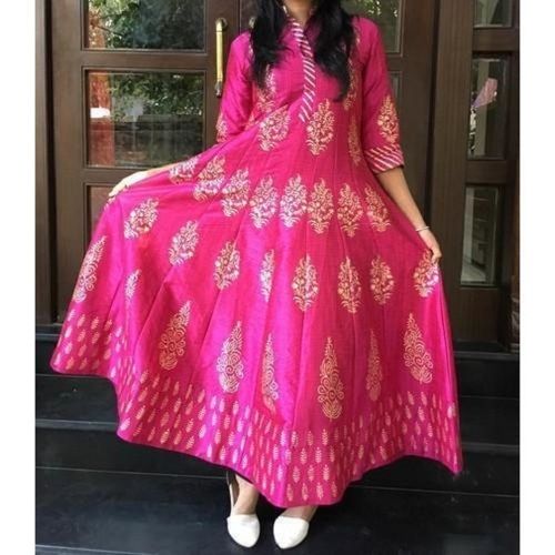 Silk Printed Pink And Golden Color 3/4 Sleeve Beautiful Stylish Breathable Designer Wear Morden And Trendy Knarkali Kurtis