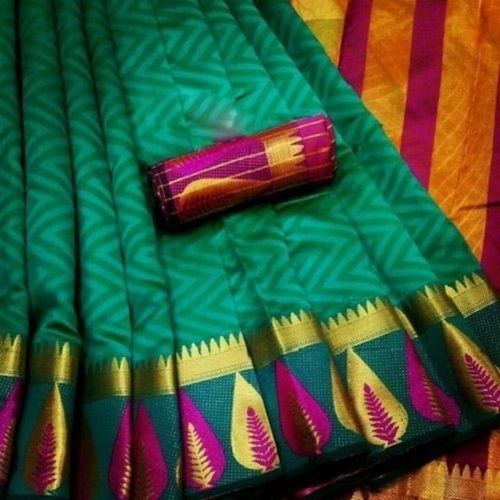 South Style Green And Pink Plain Casual Wear Breathable Silk Saree