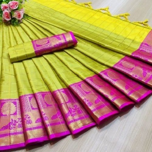 Plain Yellow And Pink Beautiful Stylish Breathable Designer Wear Modern And Trendy Cotton Soft Silk Saree For Ladies